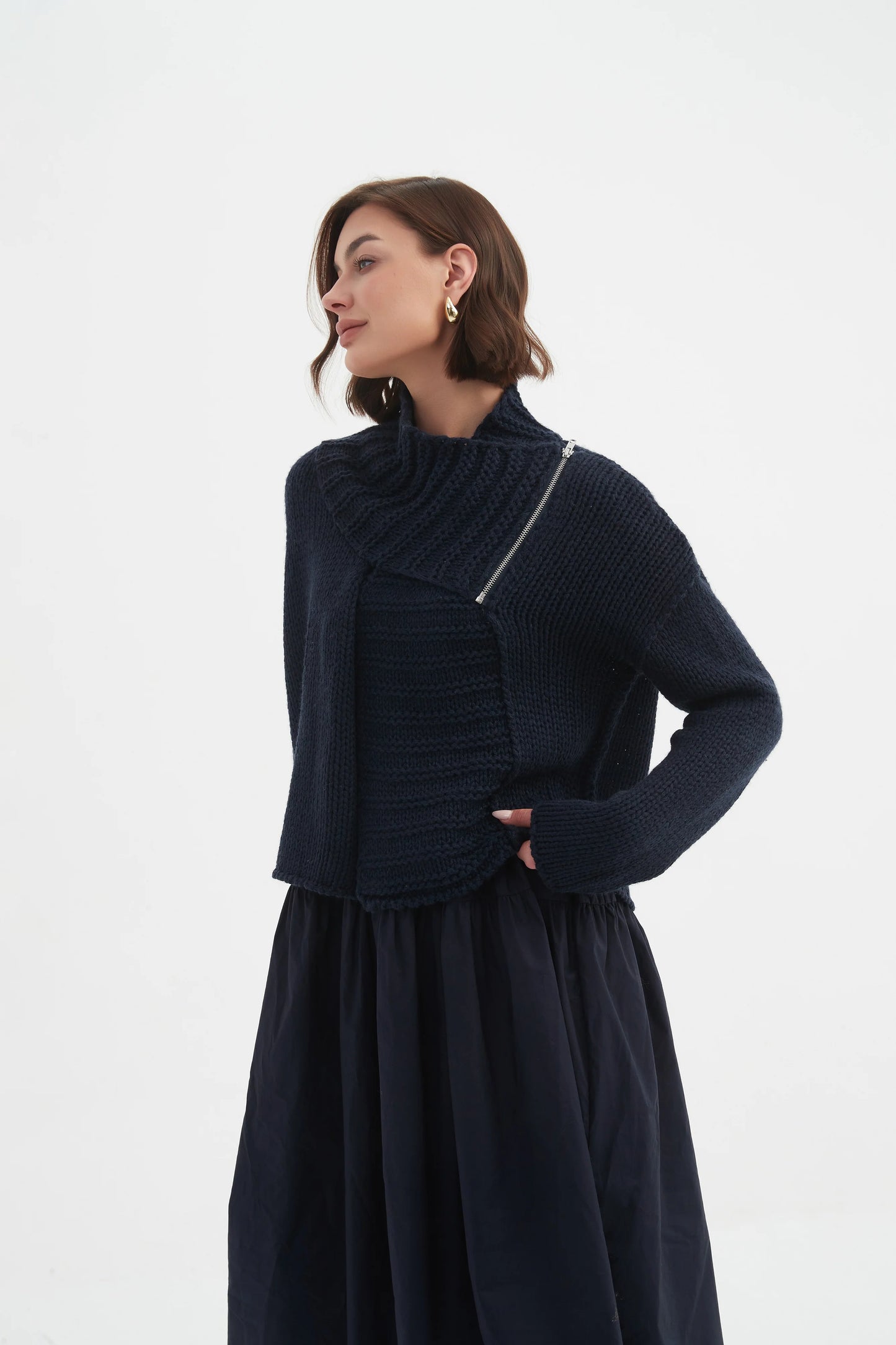 Navy Zip Collar Cardigan