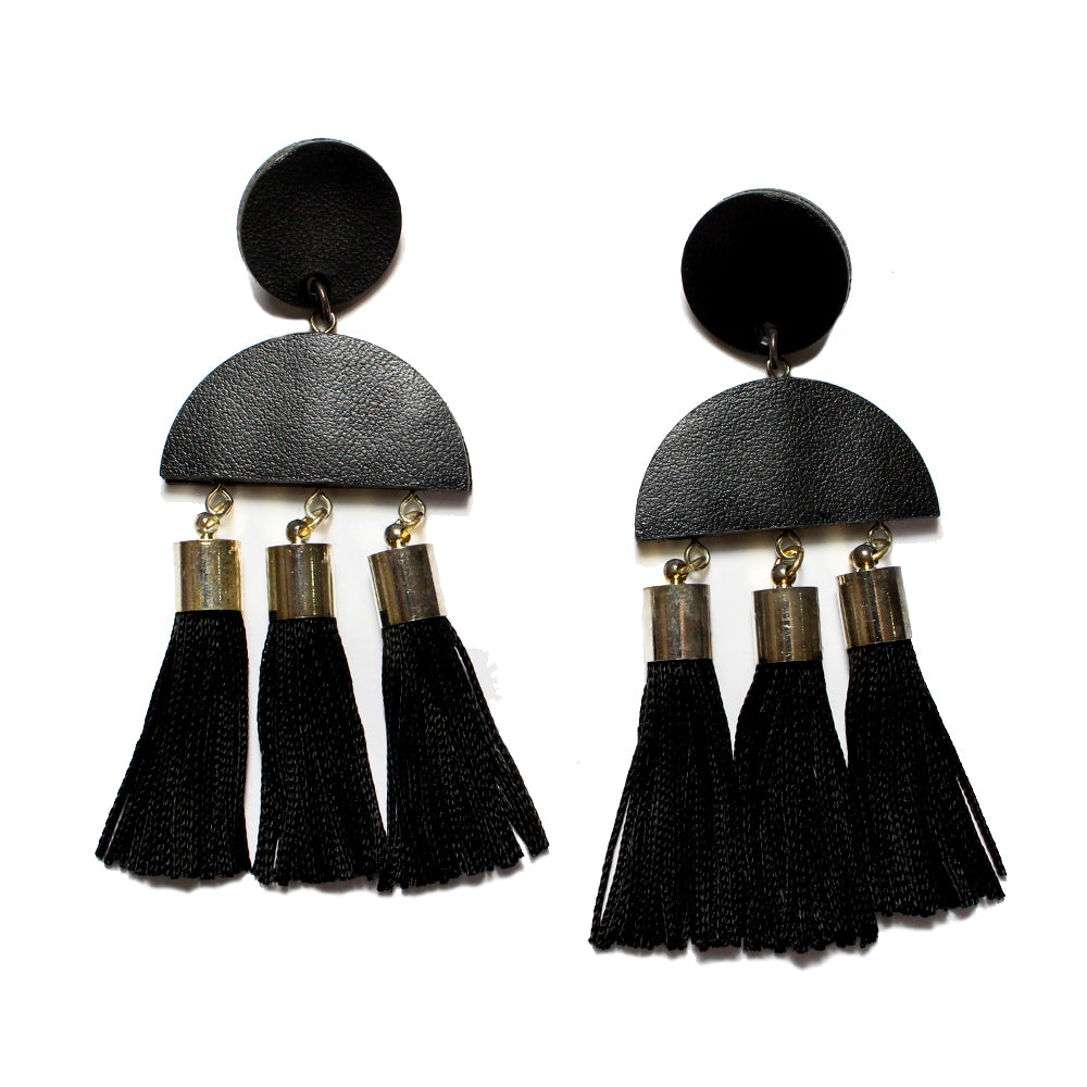Dark Horse Luna Leather/Tassel Ear-Rings - Black