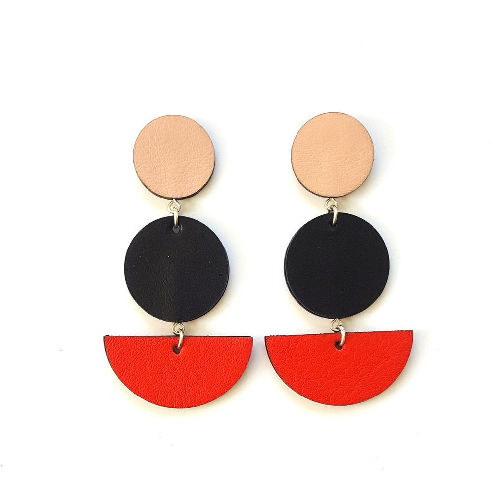 Dark Horse Leather Dot/Dot/Slice Ear-Rings - Blush/Black/Red