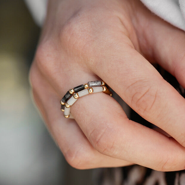Set of 2 Semi-Precious Stone Beaded Rings Grey/Green