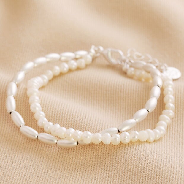 Pearl & Matt Bead Layered Bracelet in Silver