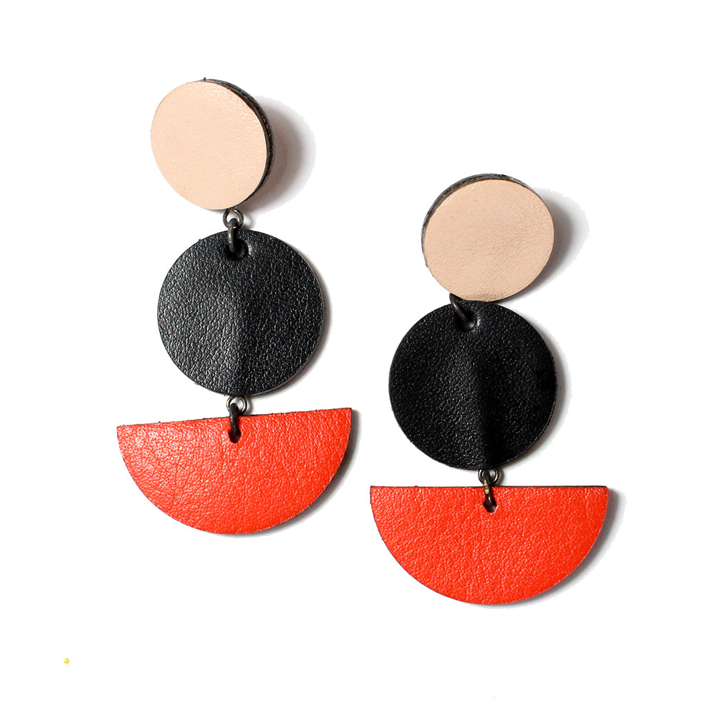 Dark Horse Leather Dot/Dot/Slice Ear-Rings - Blush/Black/Red