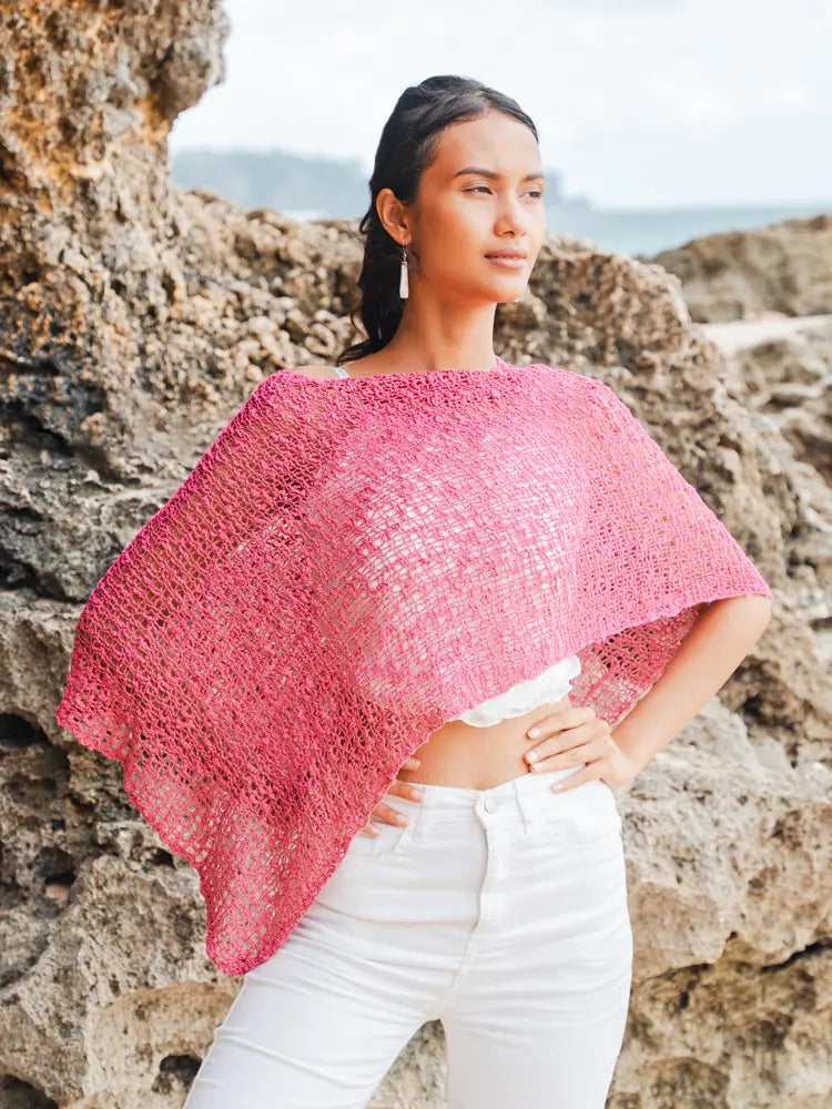 Knitted Popcorn Poncho - Pink