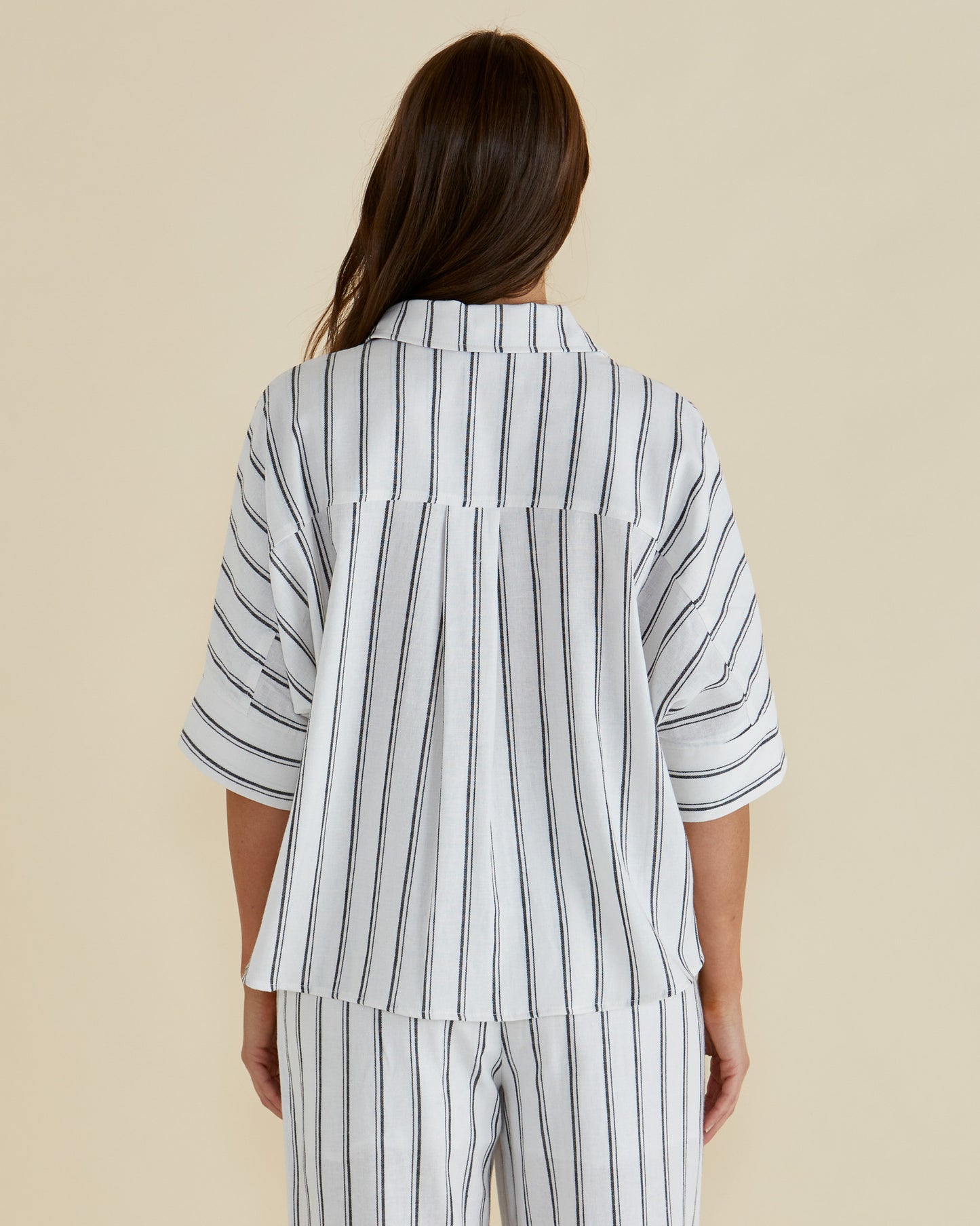 White/Black Stripe Oversized Linen Blend Shirt - Lynwood | Betty Basics Style 8435