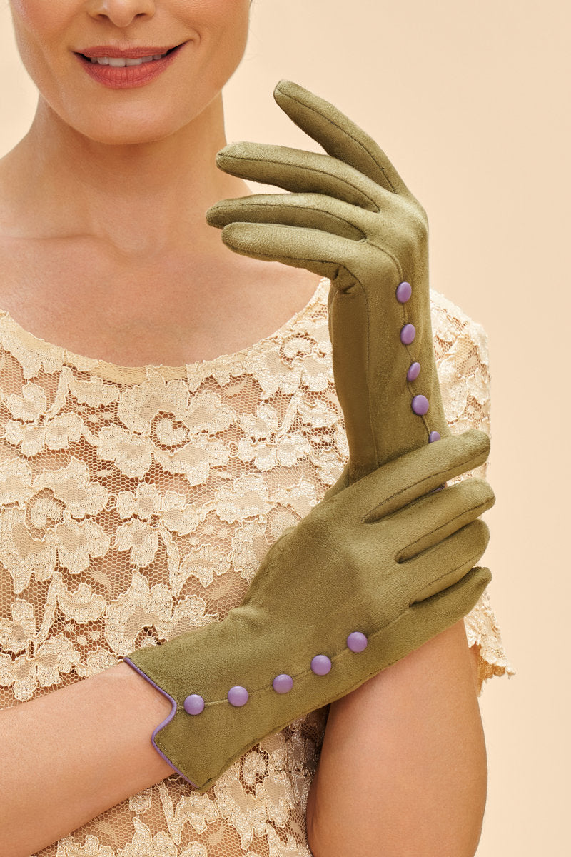 Sage Fabric Gloves / Lilac Buttons & Trim