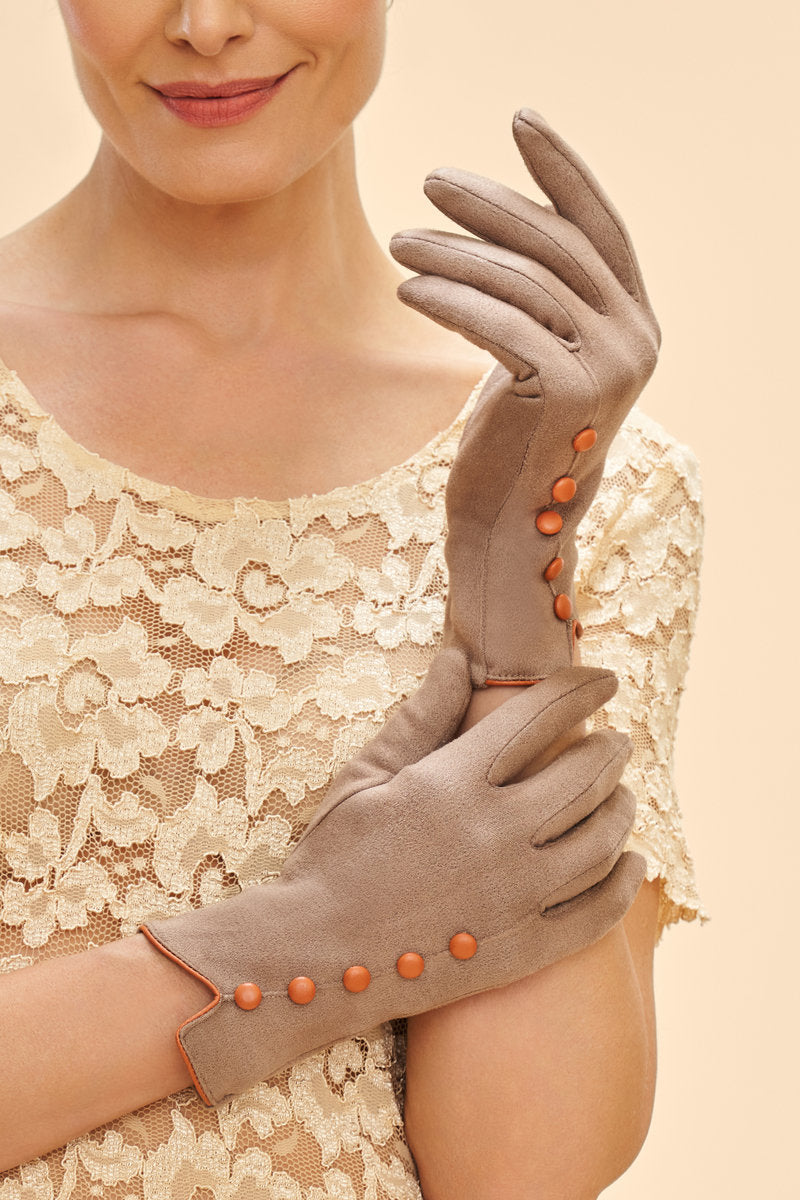 Stone Fabric Gloves / Tangerine Buttons & Trim - Beatrice