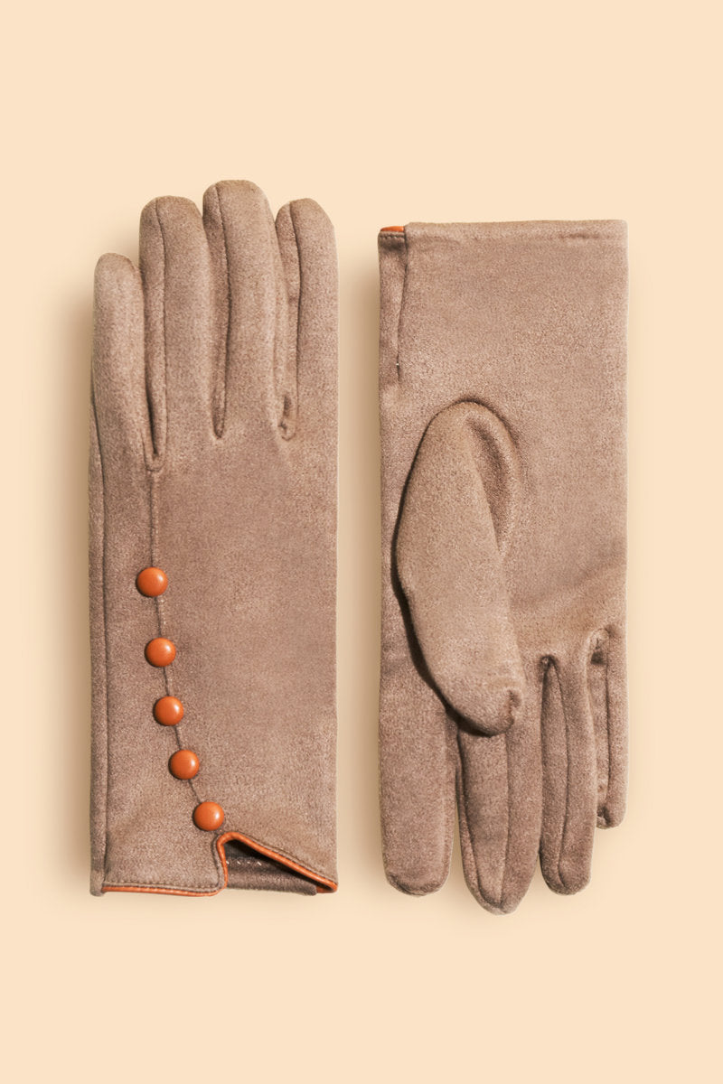Stone Fabric Gloves / Tangerine Buttons & Trim - Beatrice