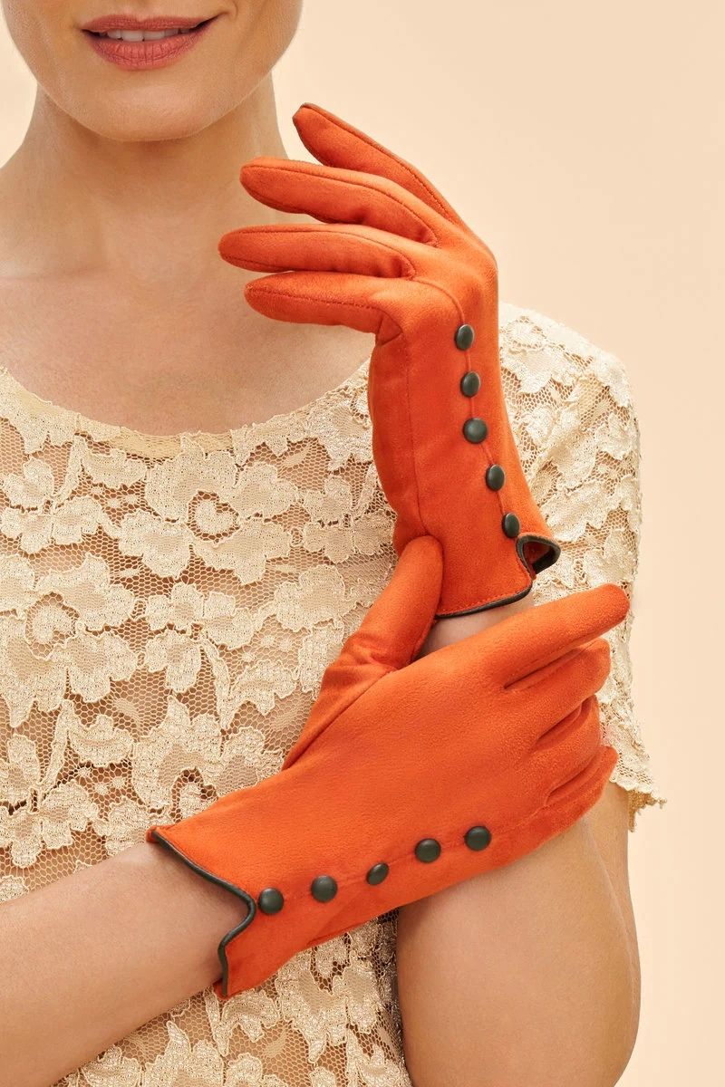 Tangerine Fabric Gloves / Black Buttons & Trim - Beatrice