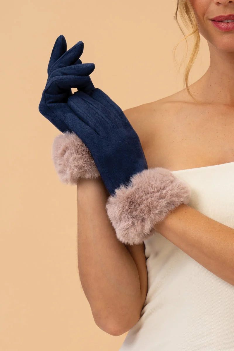 Navy Suede/Taupe Fur Bettina Gloves