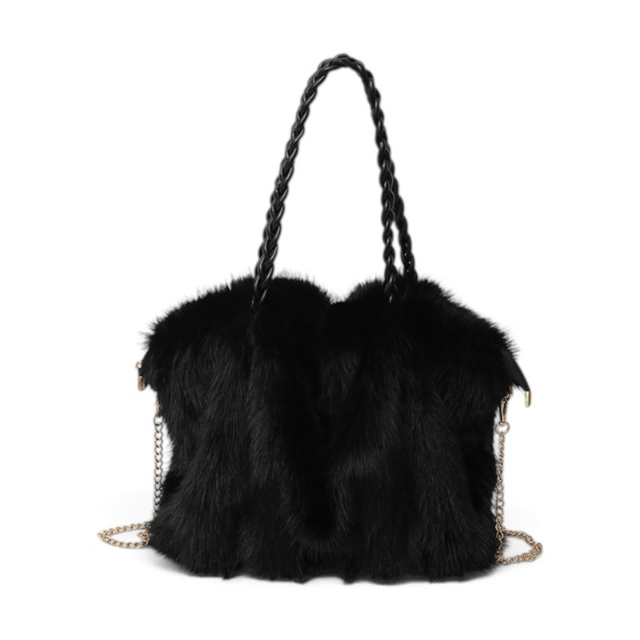 Braided Handle Faux Fur Tote Bag in Black | Last True Angel LTB10B
