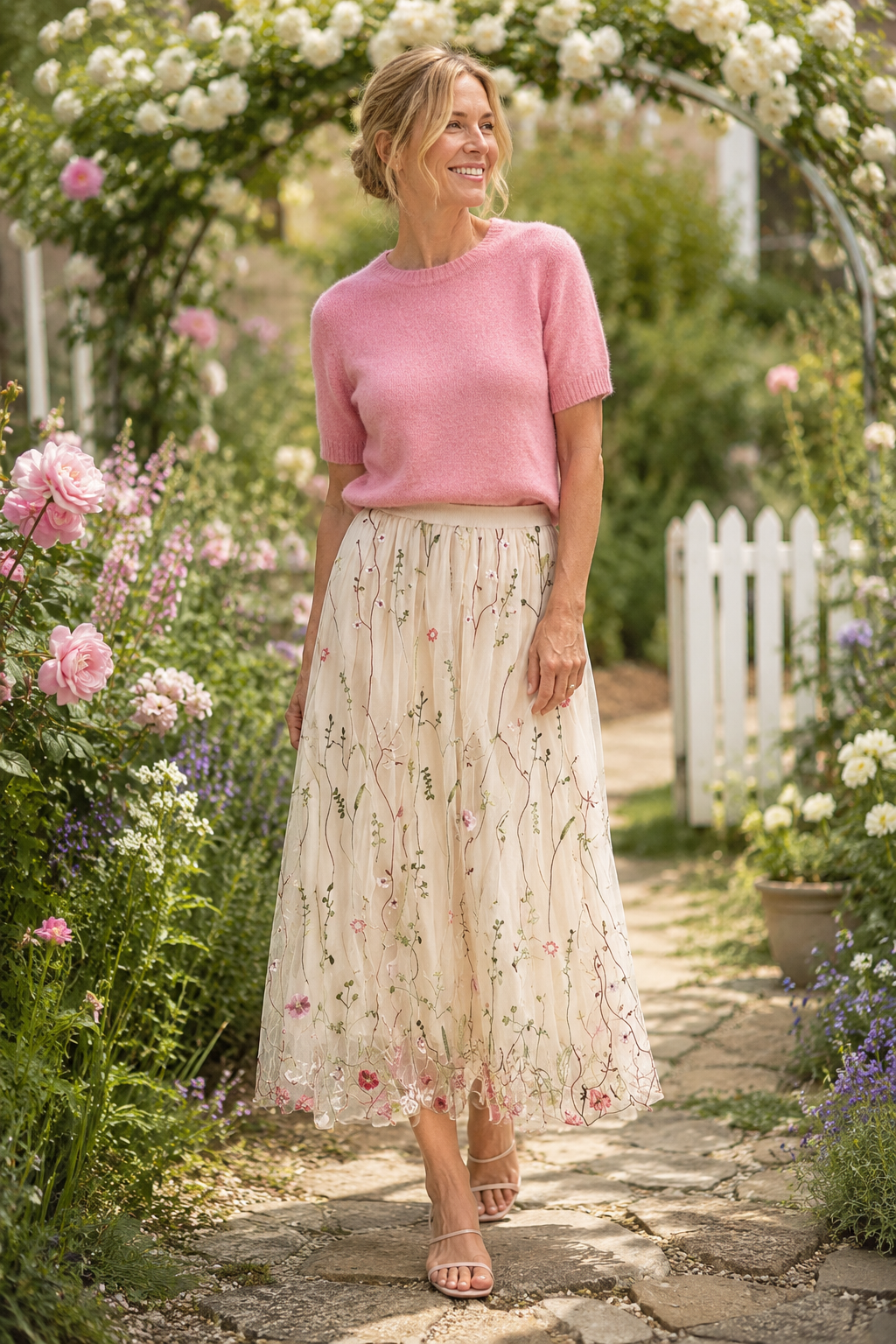 Embroidered Meadow Tulle Skirt in Cream | Last True Angel