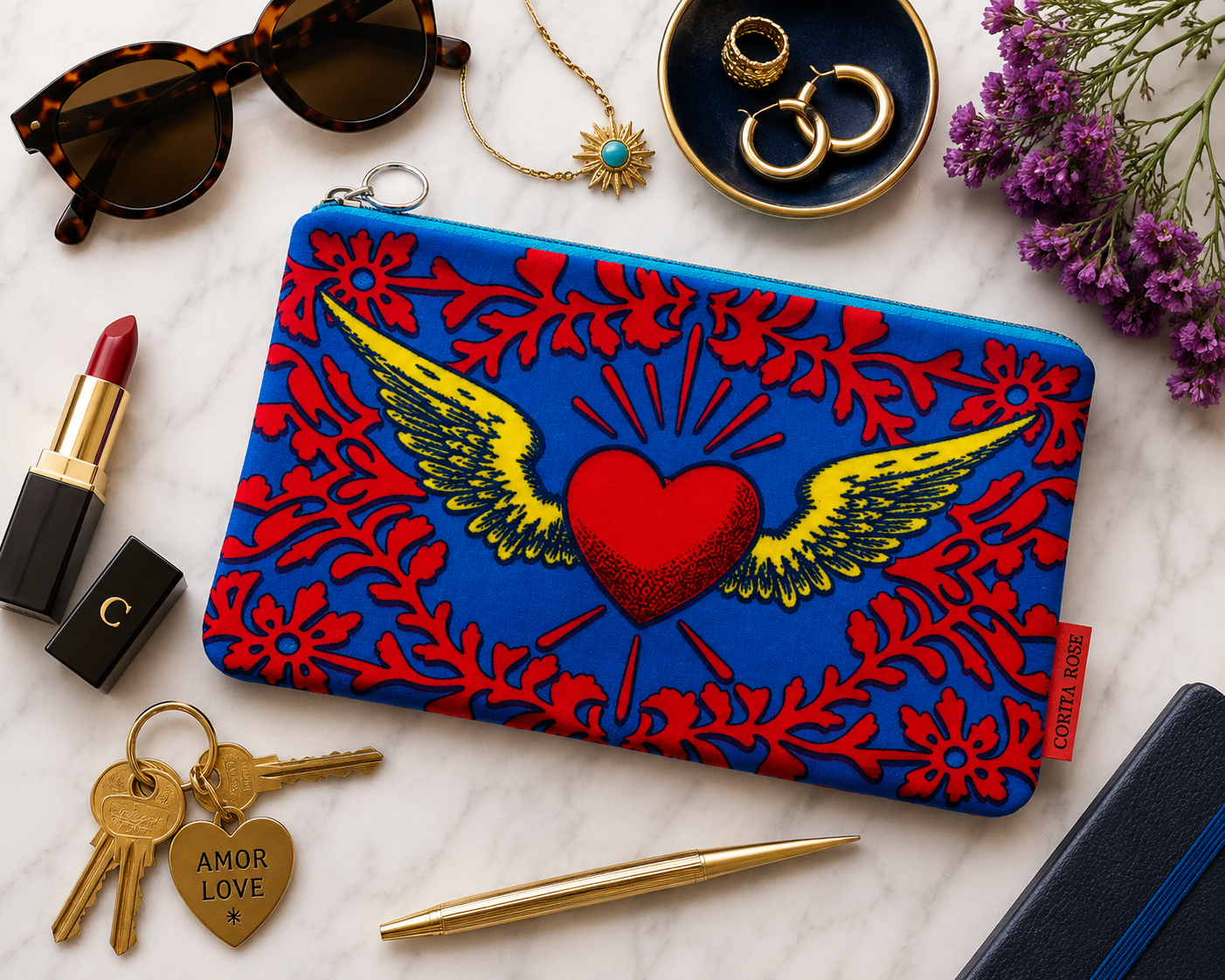 Corita Rose Winged Heart Large Velvet Pouch – Blue