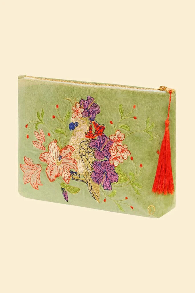Cockatoo Velvet Pouch in Sage