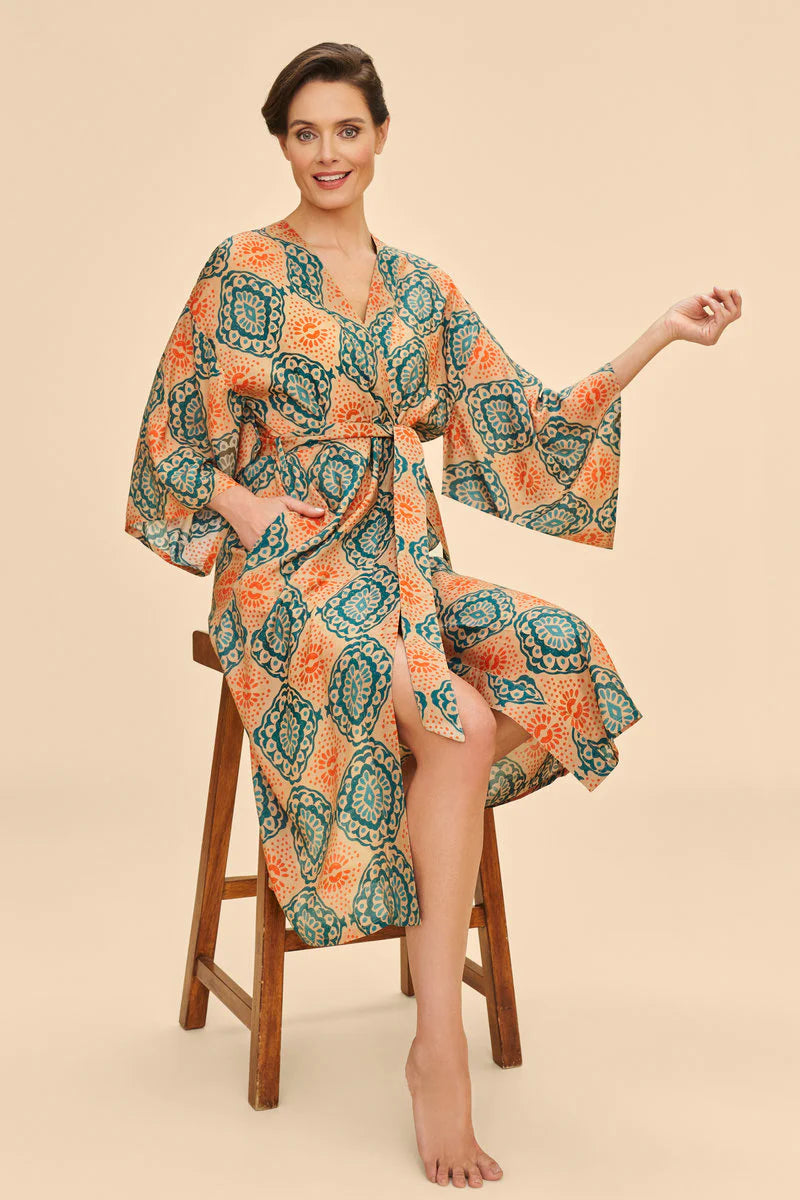 Cream Batik Kimono Gown - Powder Design