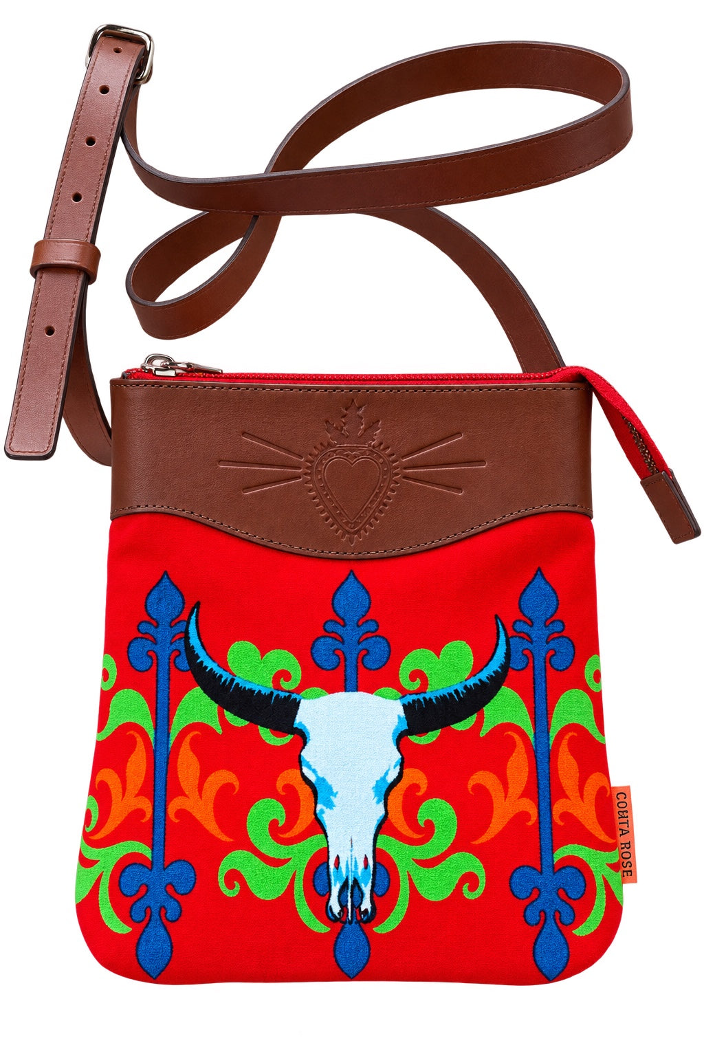 Corita Rose Longhorn Red Velvet Crossbody Bag | Brown Leather