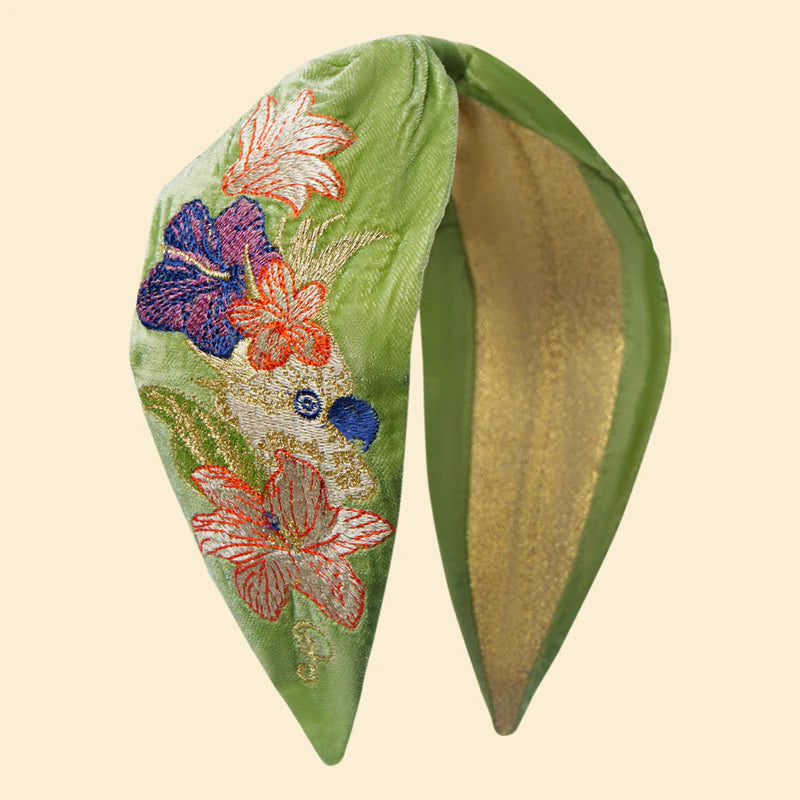 Velvet Embroidered Headband - Cockatoo Sage