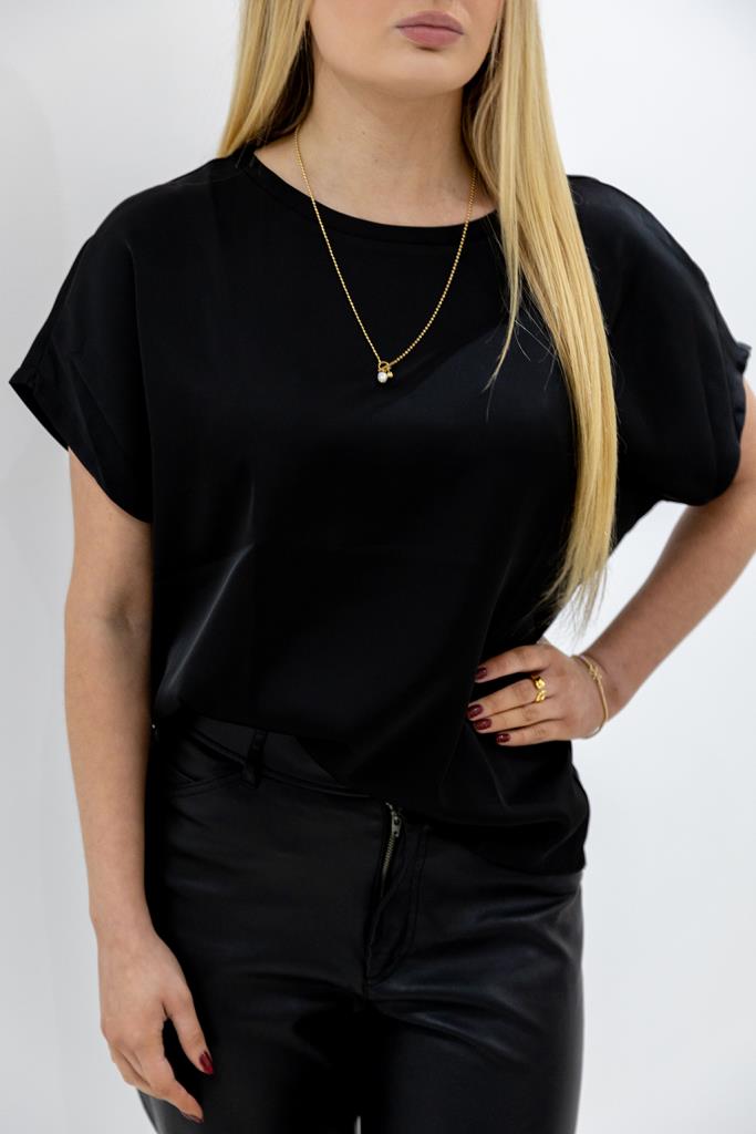 Satin Boxy T-shirt Top in Black