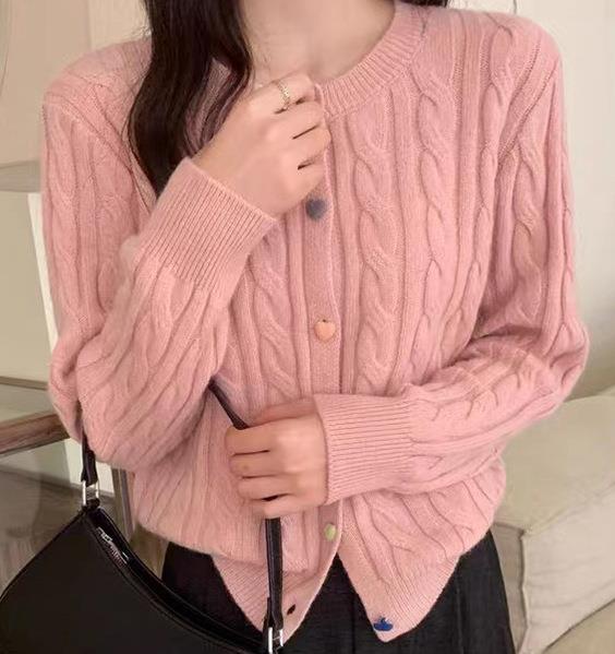 Cable Knit Heart Button Through Cardigan in Pink