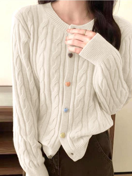 Cable Knit Heart Button Through Cardigan in Cream