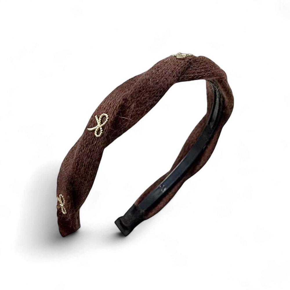 Twisted Chocolate Brown Wool Headband with Gold Bow Detail | Last True Angel