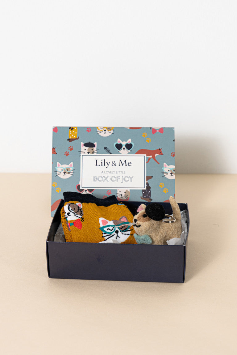 Cat print bamboo socks & keyring gift box