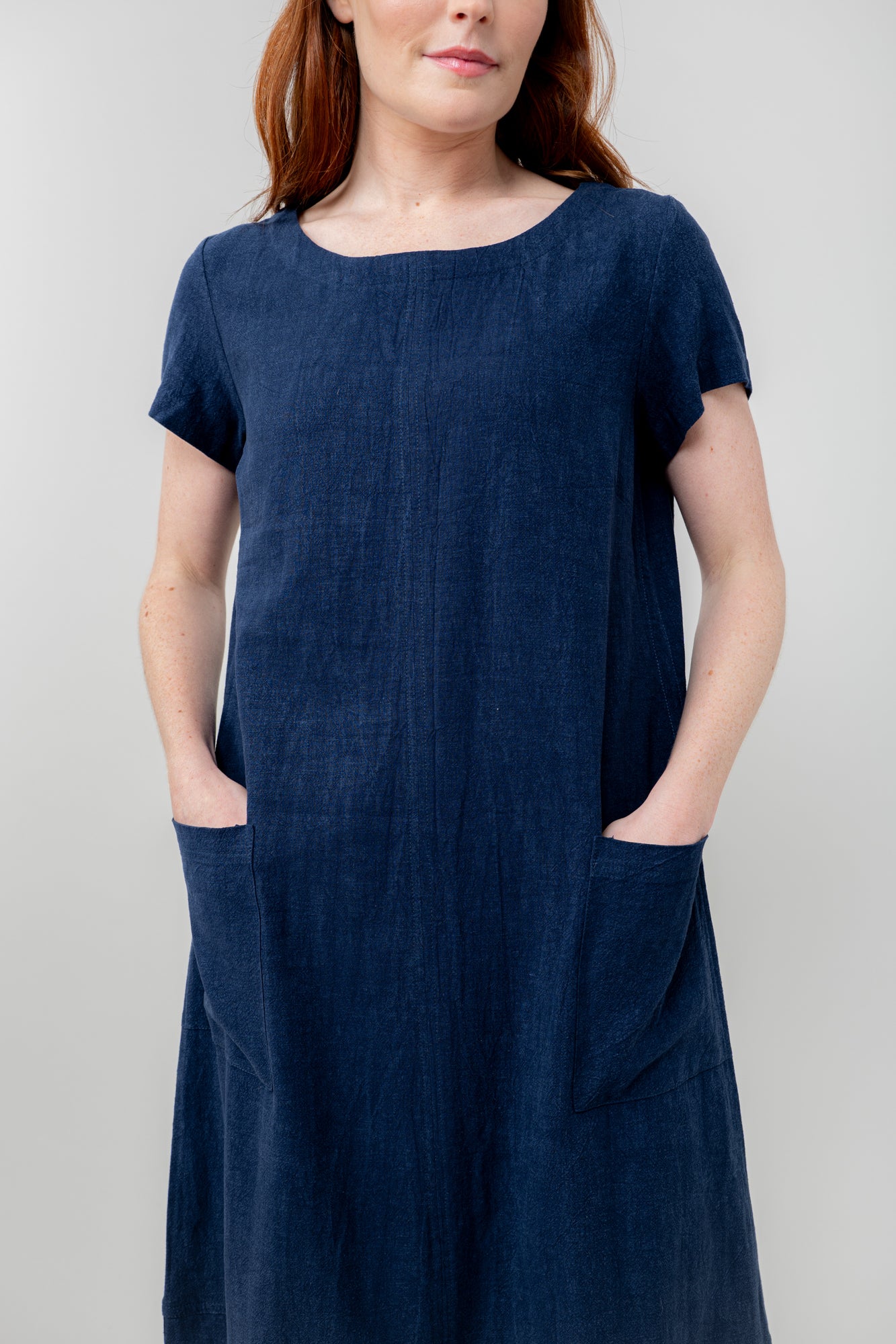 Navy Linen Blend Midi Dress
