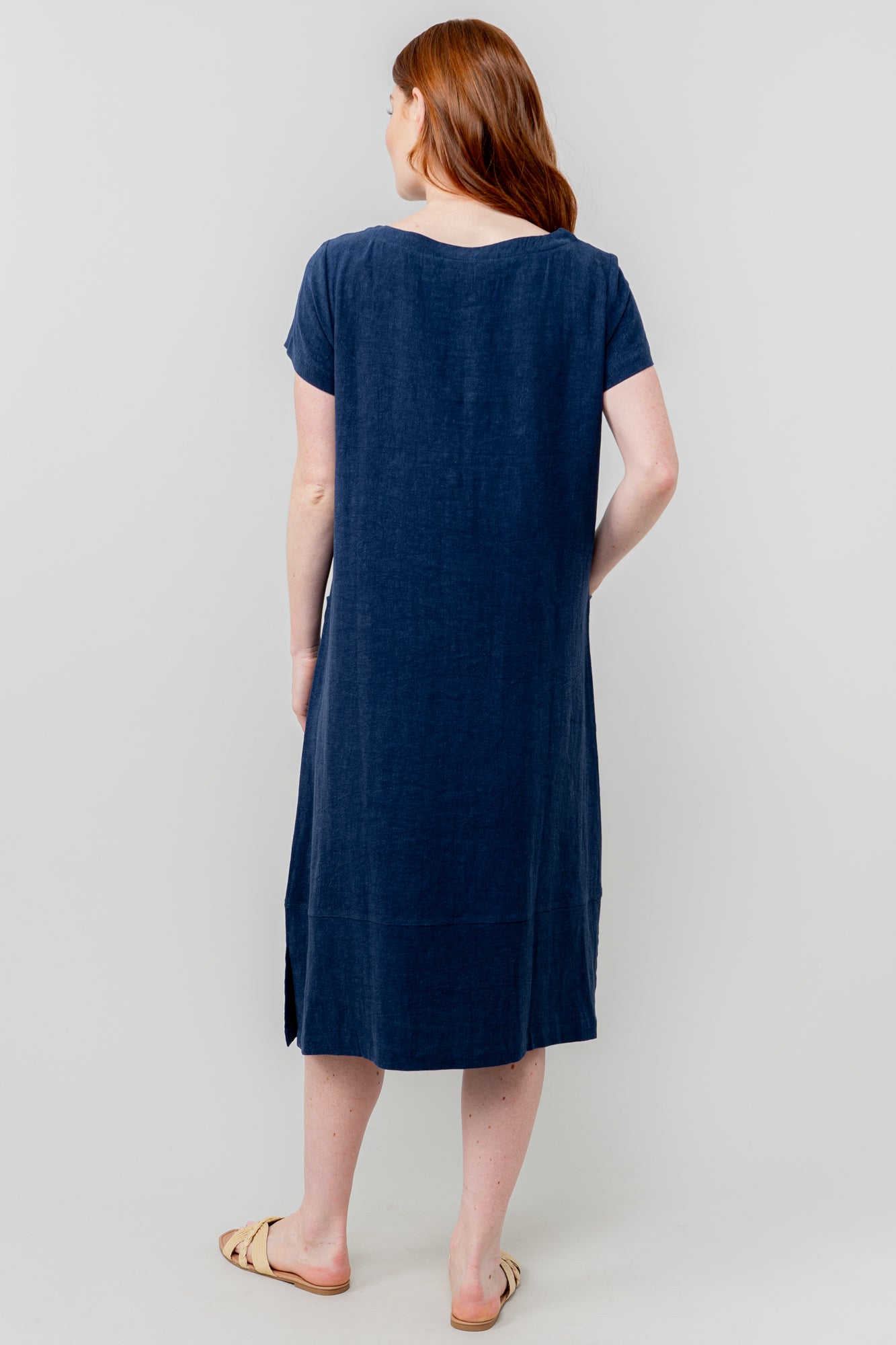 Navy Linen Blend Midi Dress