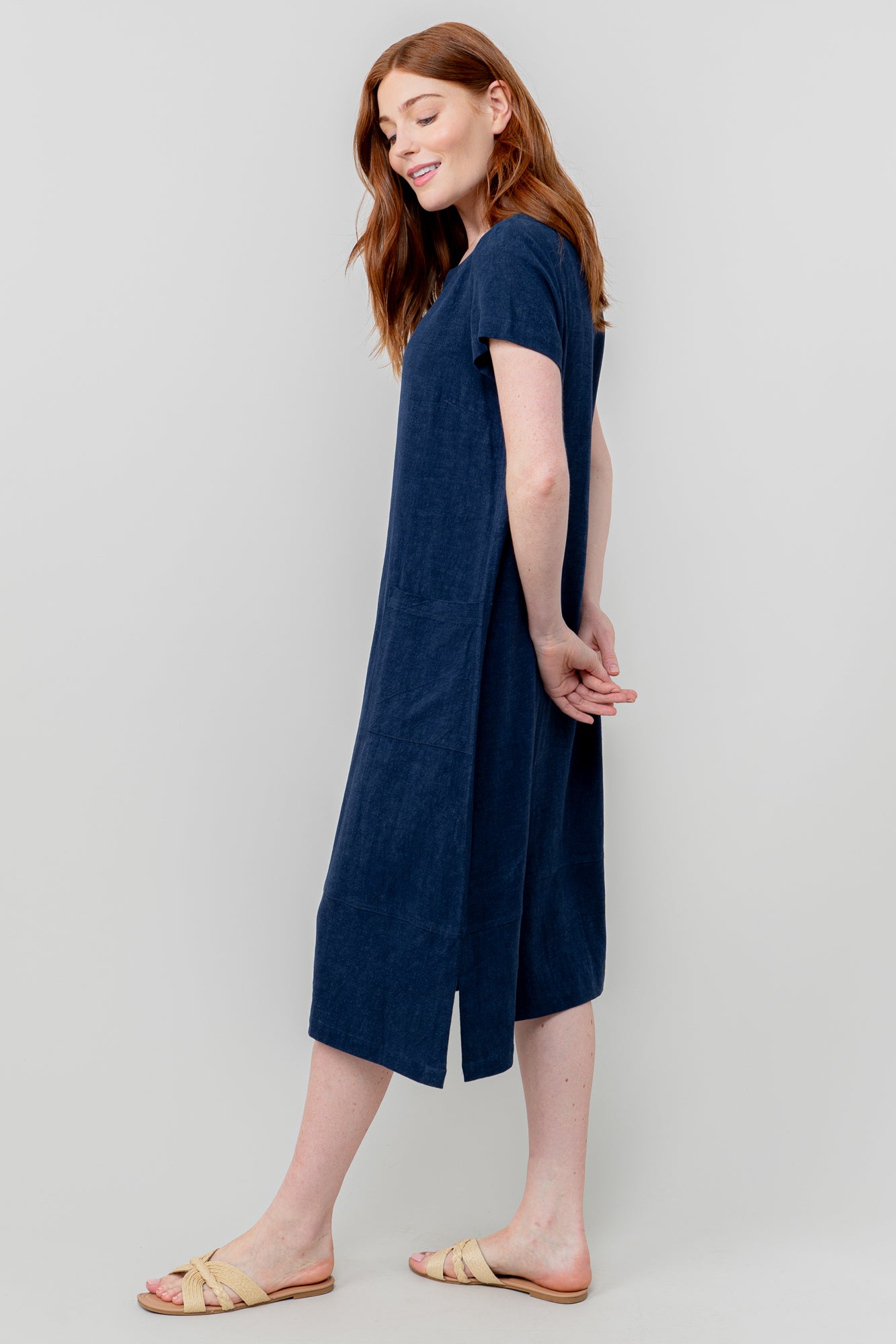 Navy Linen Blend Midi Dress
