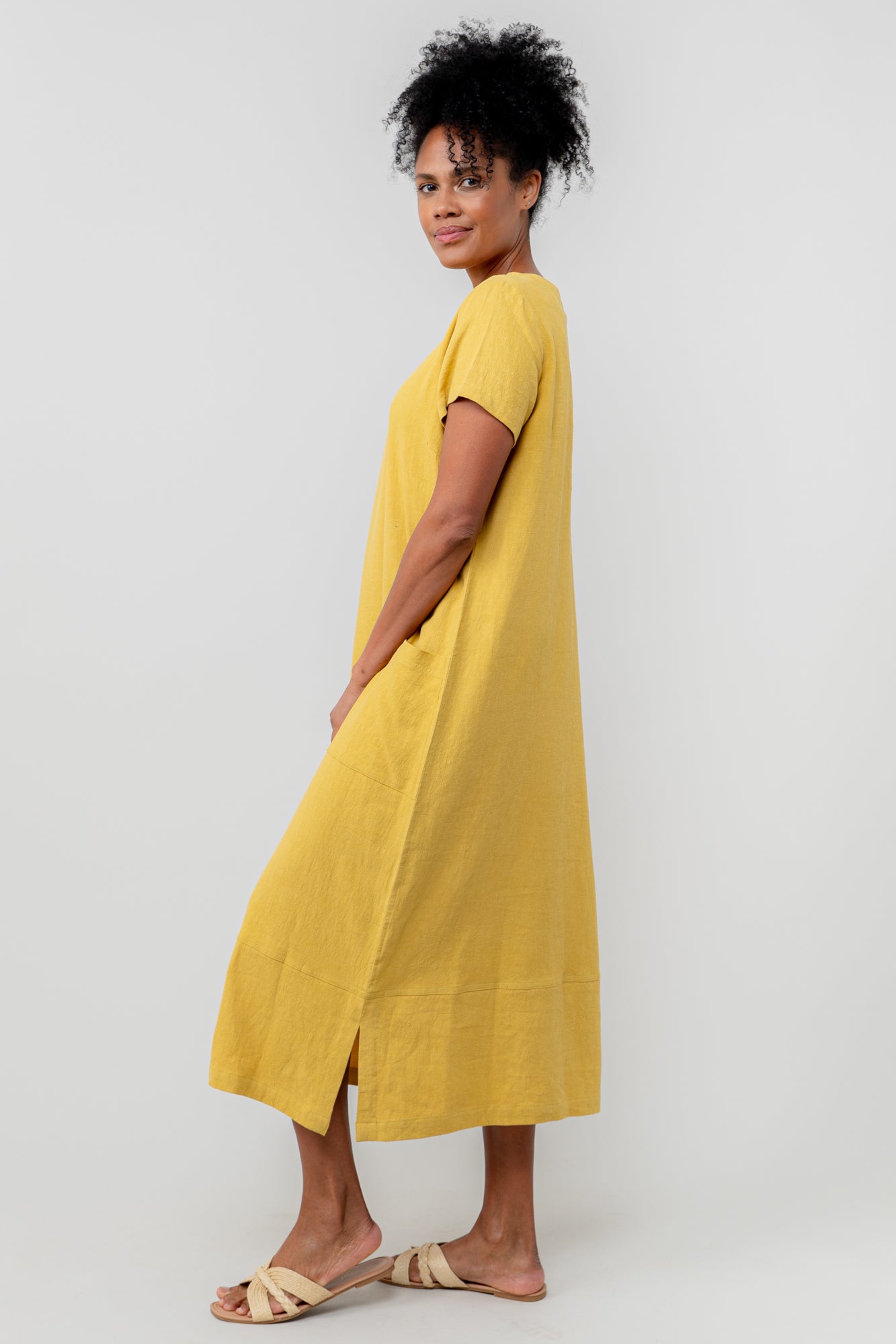 Ochre Linen Blend Midi Dress