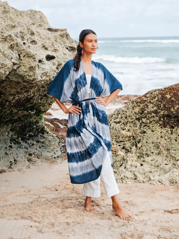 Long Striped Tie Dye Kimono | Suzie Blue LS1602GY