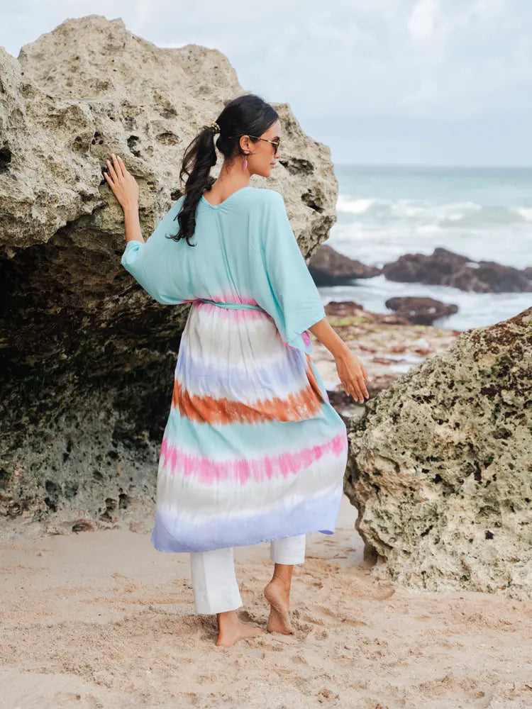 Long Striped Tie Dye Kimono | Suzie Blue LS1602M