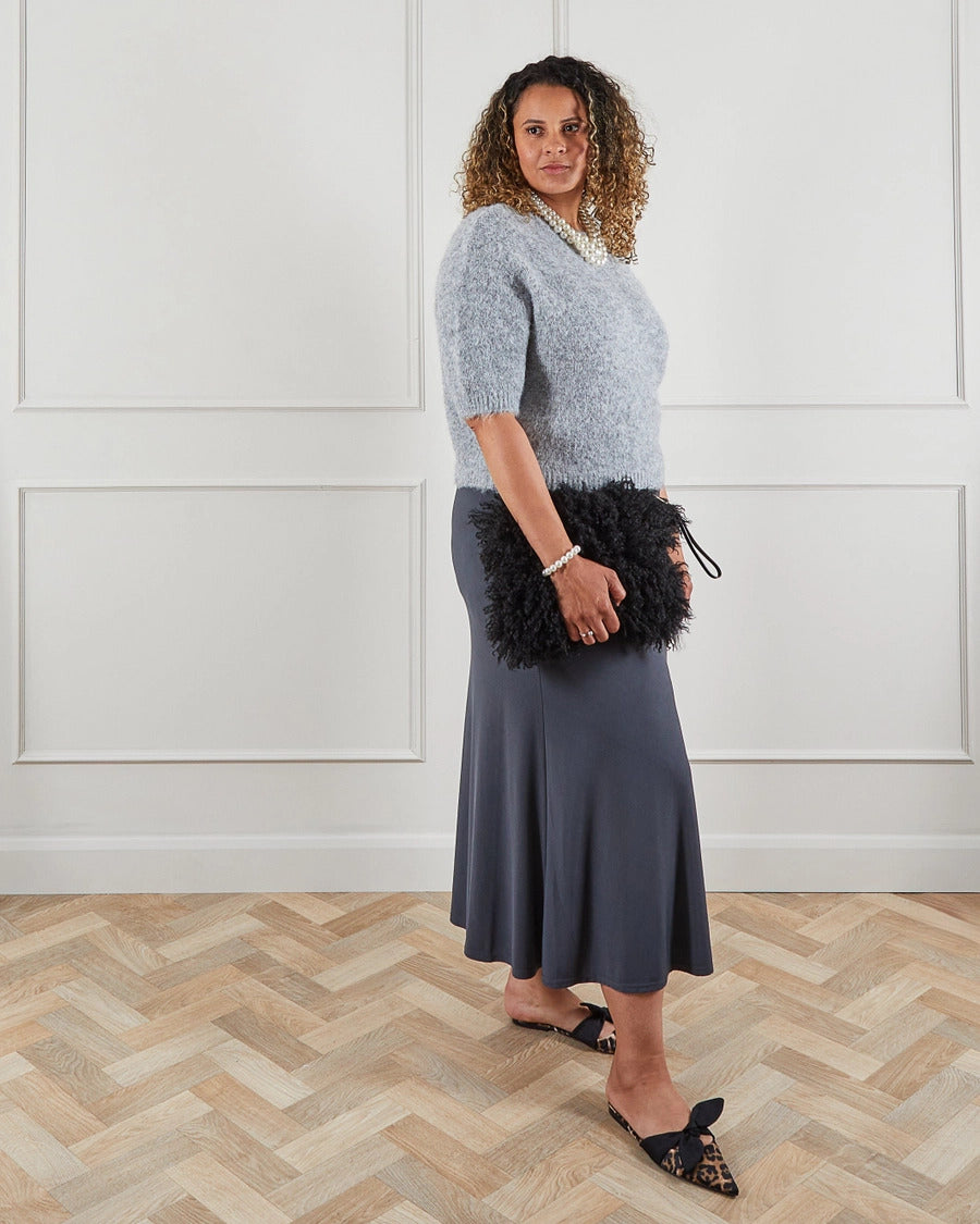 Drape Style Midi Skirt in Gun Metal - Lainey