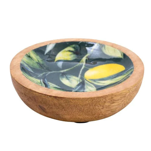 Small mango wooden bowl with lemons and leaves decorated on green enamel inlay