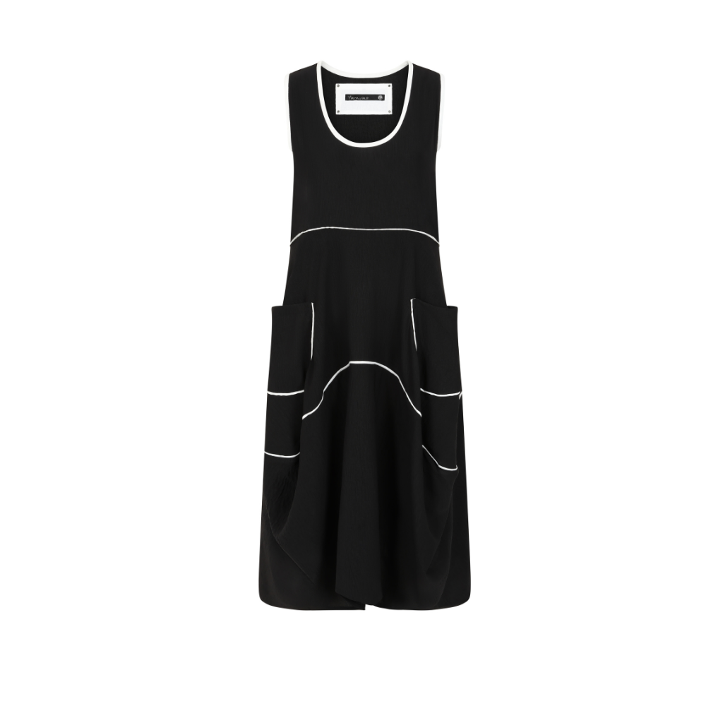 Black Sleeveless Dress with White Piping - Linda from Tara Vao
