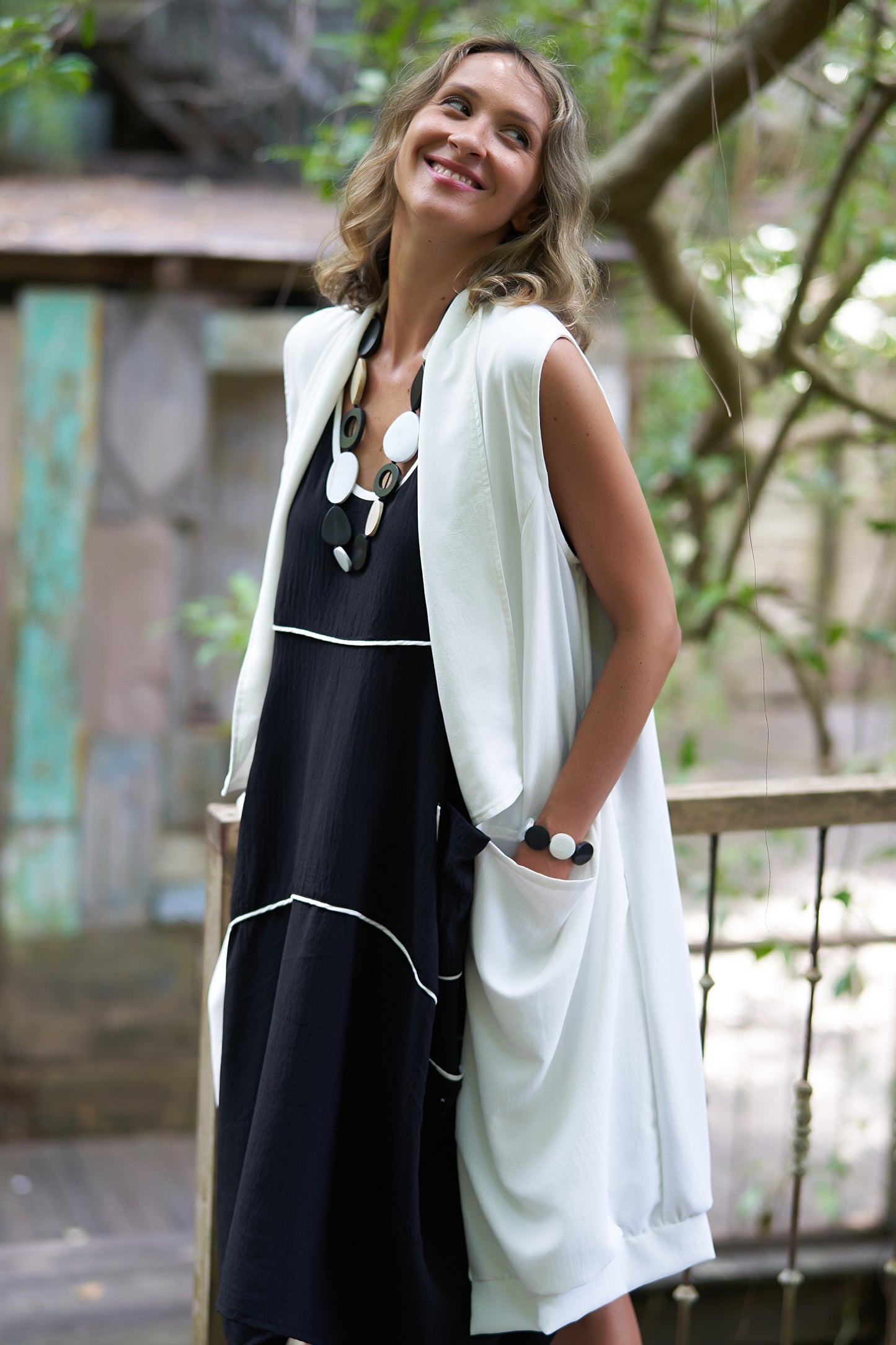 Black Sleeveless Dress with White Piping - Linda from Tara Vao