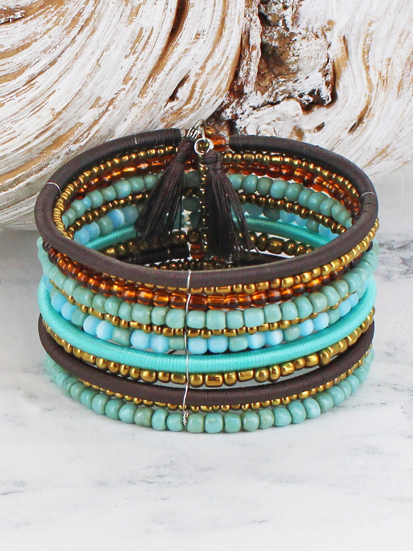 Striped Beaded Cuff with Tassels