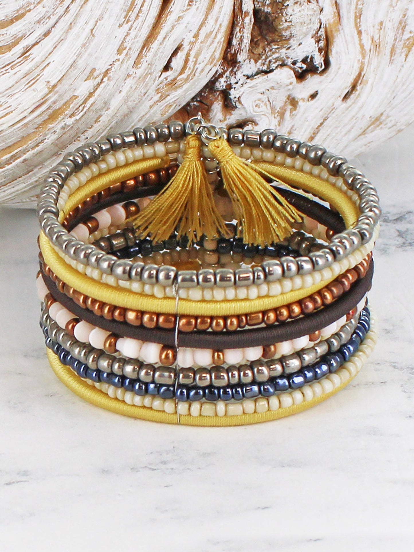 Striped Beaded Cuff with Tassels (Grey)