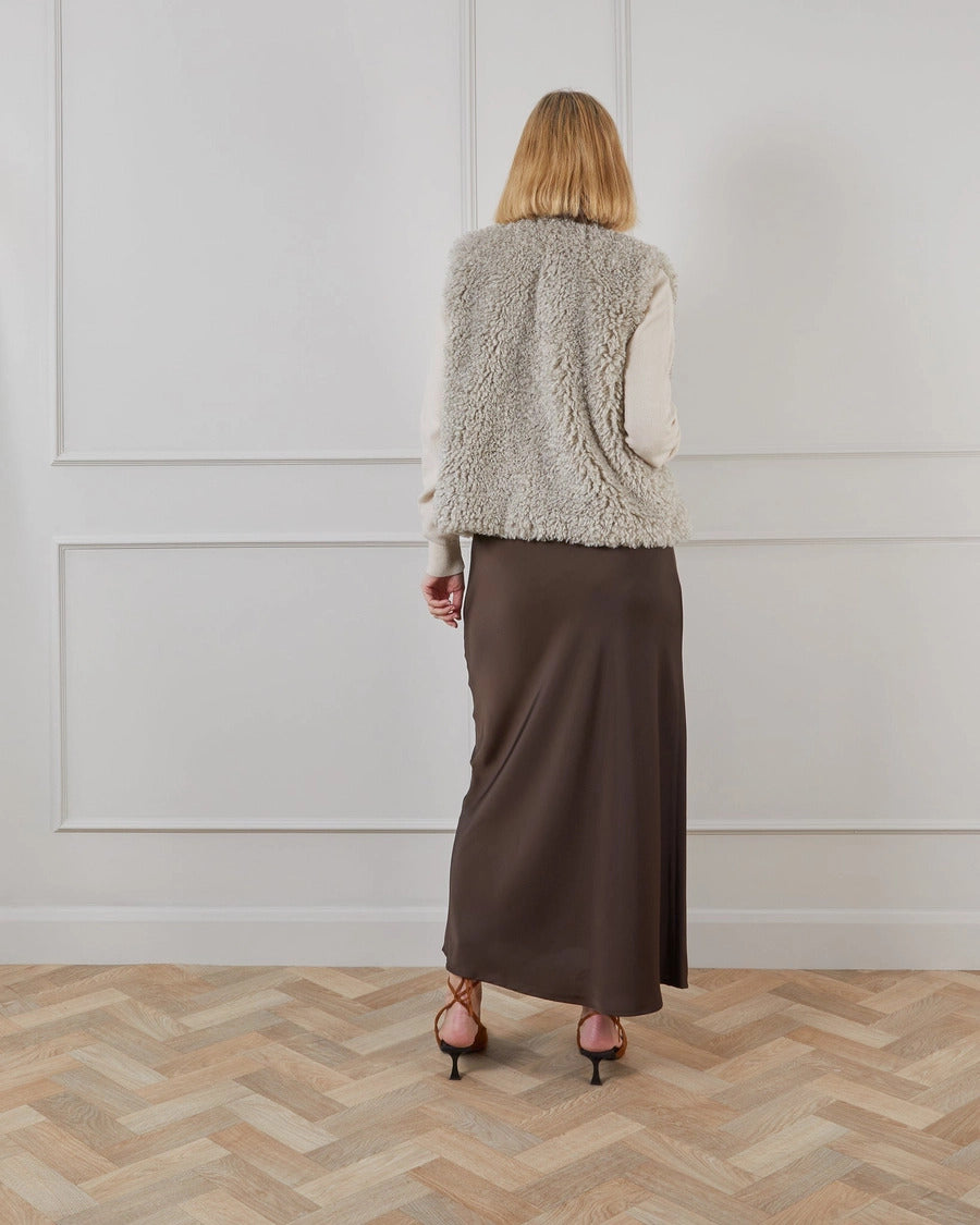 Chocolate Bias Cut Midi Length Satin Skirt