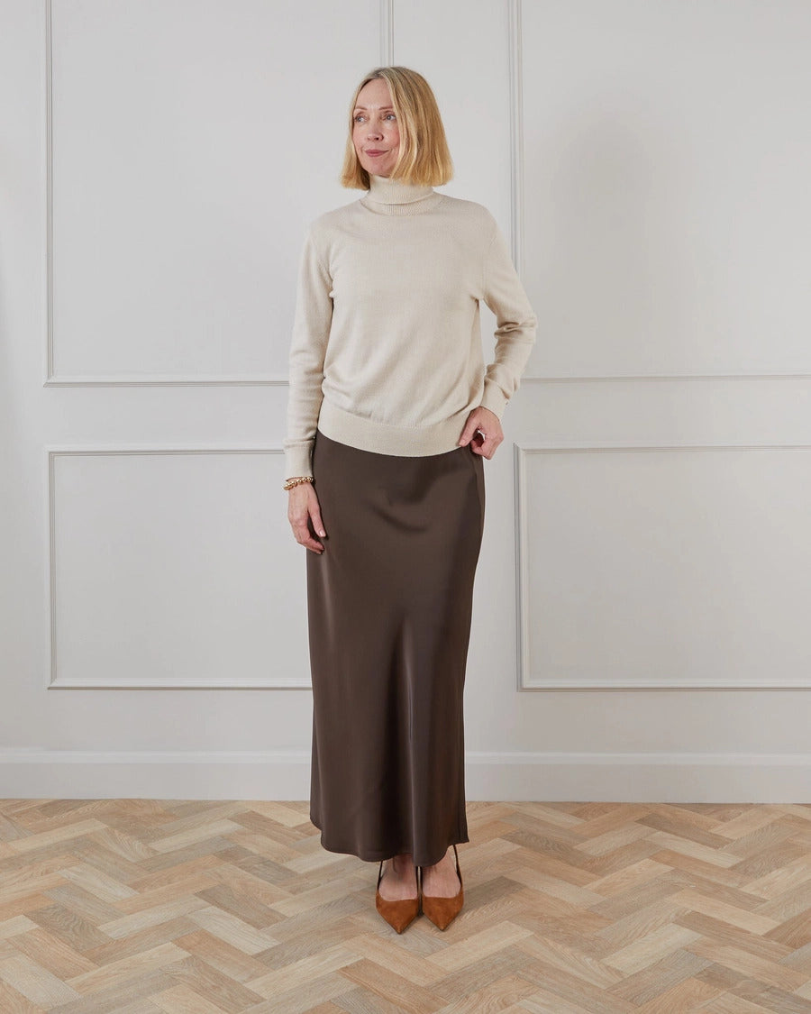 Chocolate brown bias cut midi length satin skirt