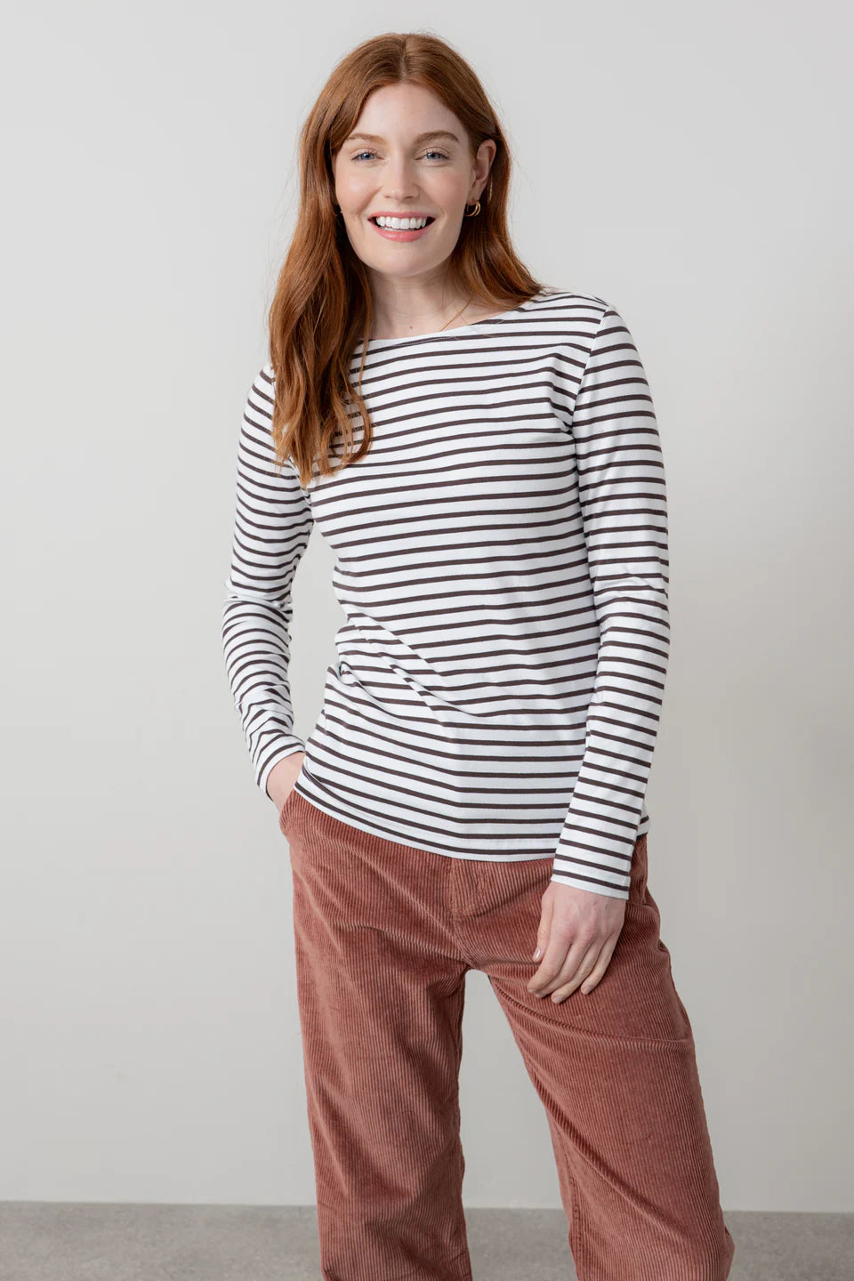 Chocolate Brown & White Monica Striped Long Sleeve Top | Lily & Me LM25508