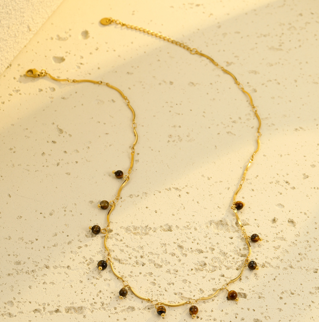 Tiger Eye Natural Stone Droplet Necklace in Gold | White Leaf