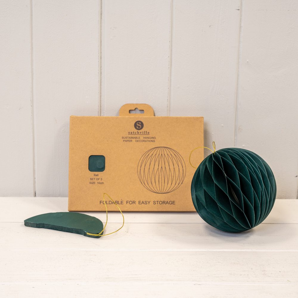 Set of 3 Dark Green Round Paper Hanging Baubles | Satchville