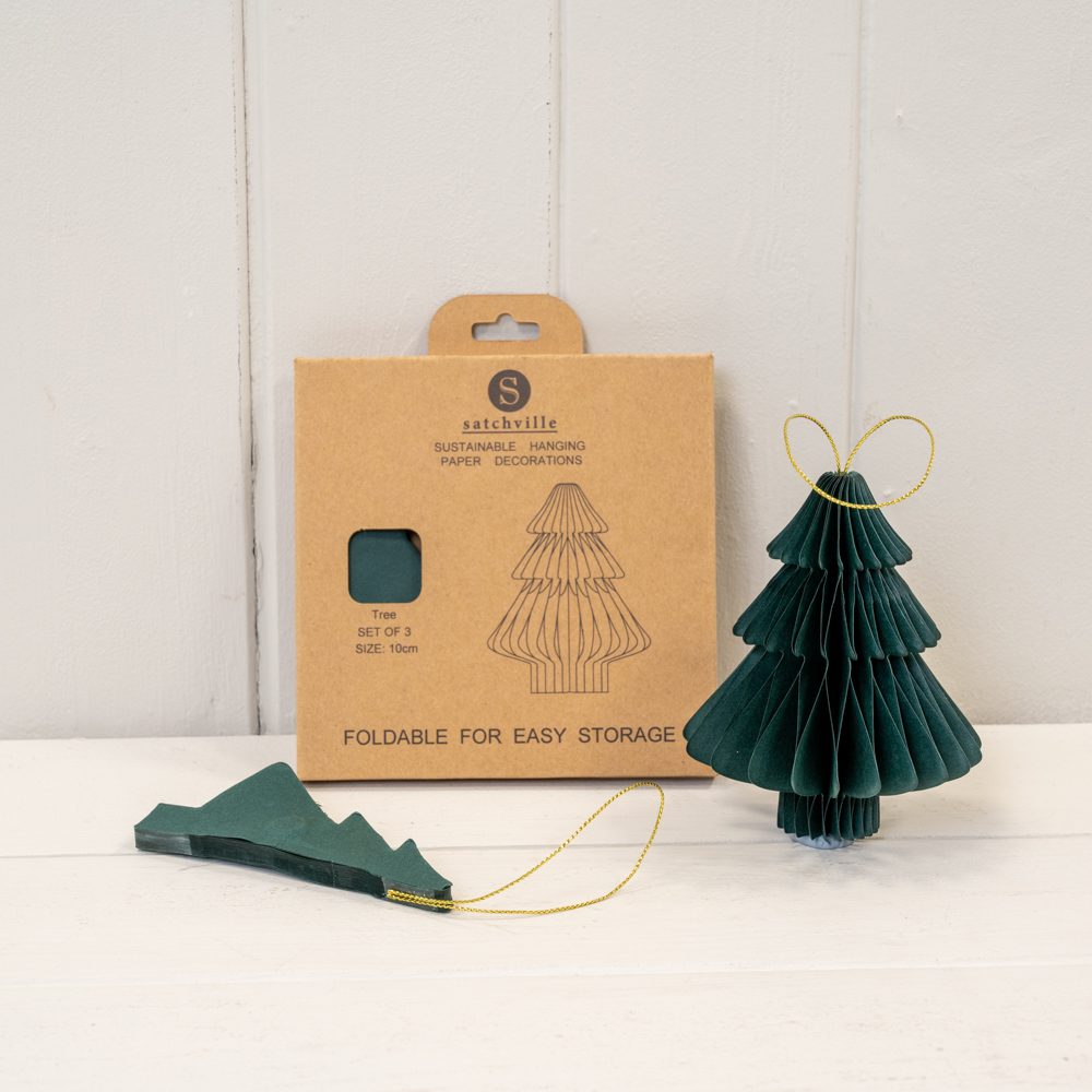 Set of 3 Dark Green Paper Hanging Tree Baubles | Satchville
