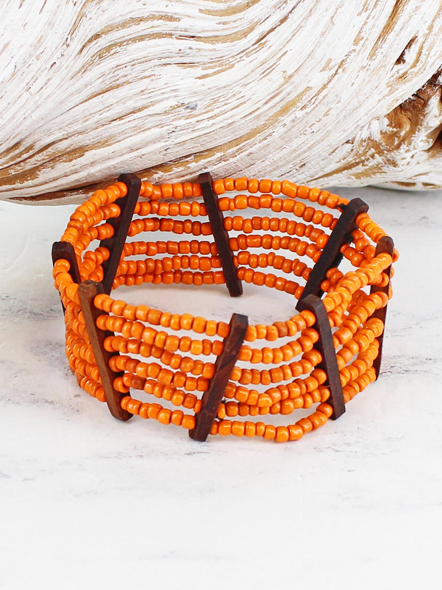 Elasticated Wood & Bead Bracelet - Orange