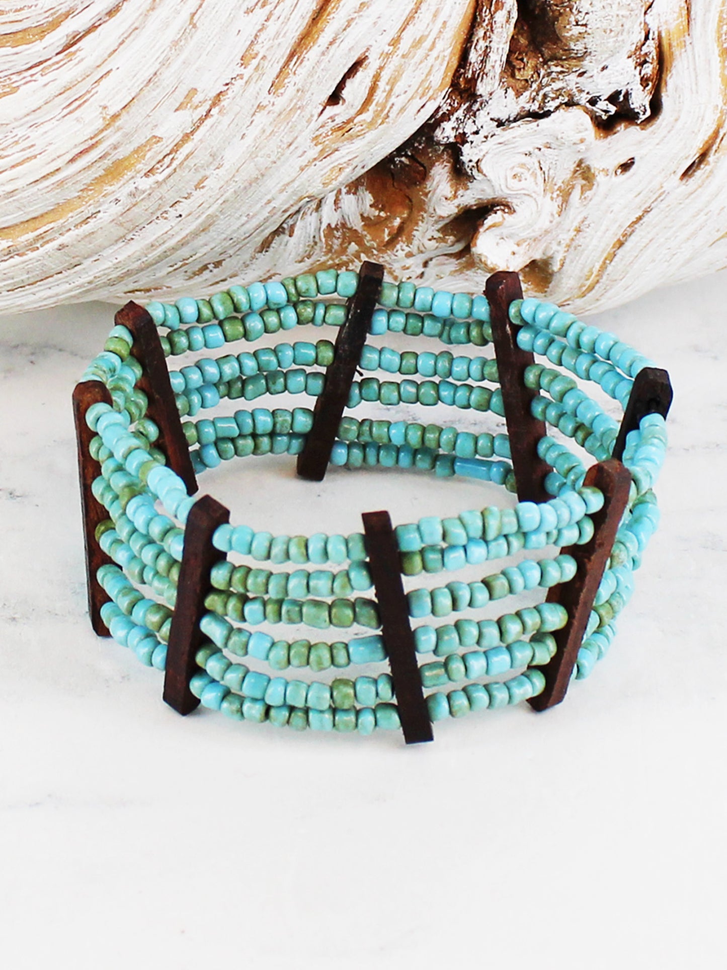 Elasticated Wood & Bead Bracelet - Turquoise