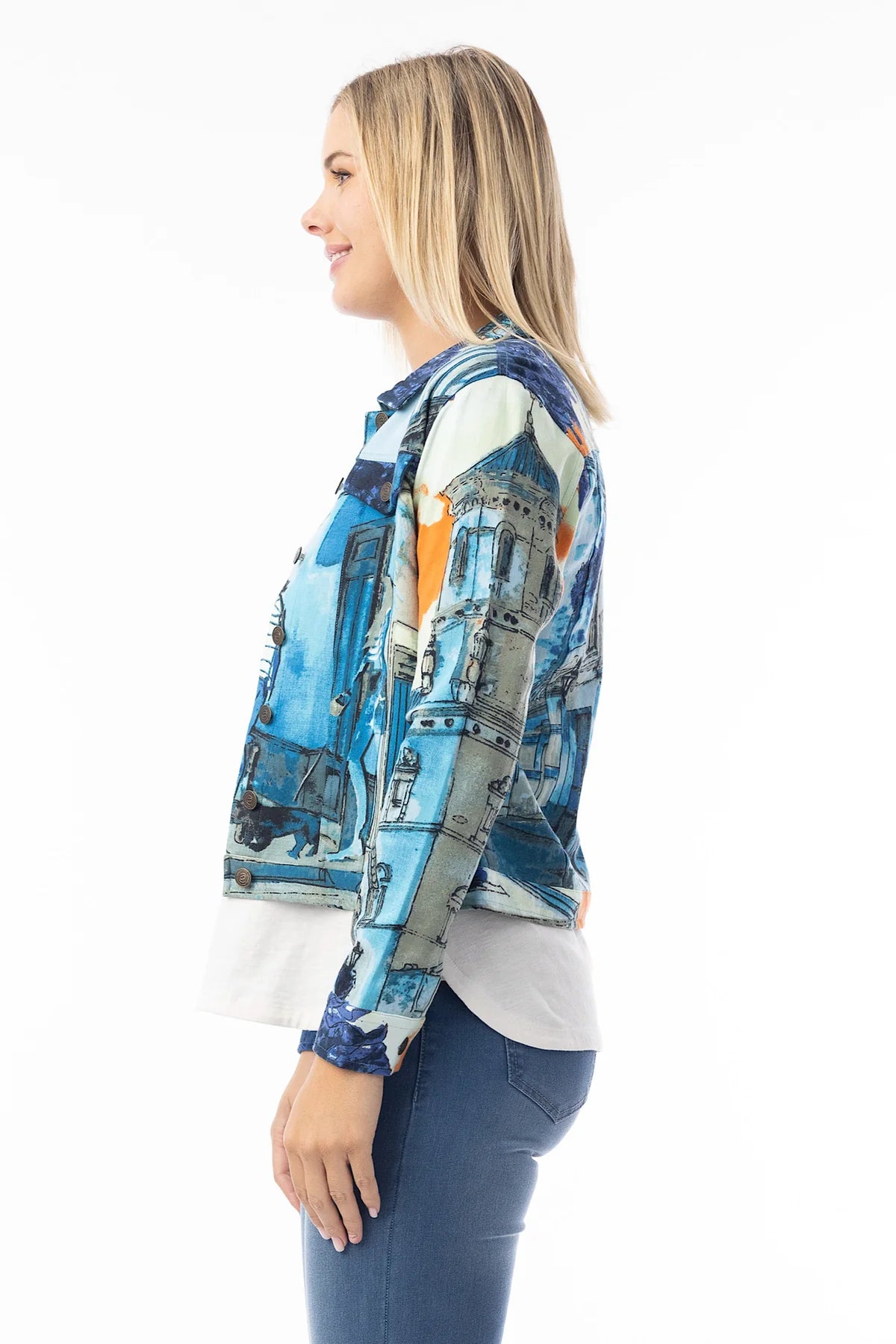 Cotton Ponte Jacket with Abstract Street Print in Tower Blue