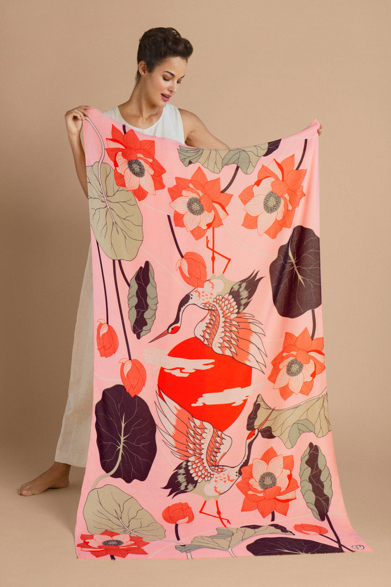 Printed Scarf - Crane at Sunrise - Petal
