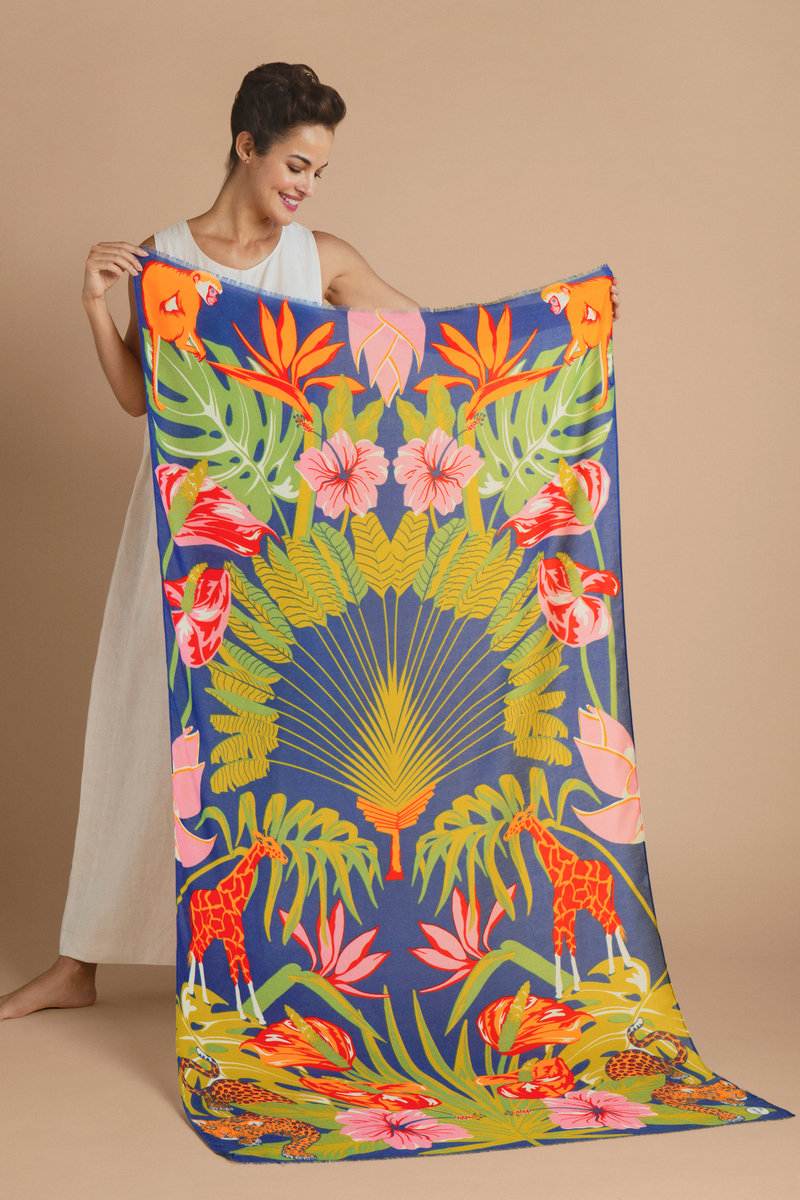 Printed Scarf, Deco Jungle - Indigo