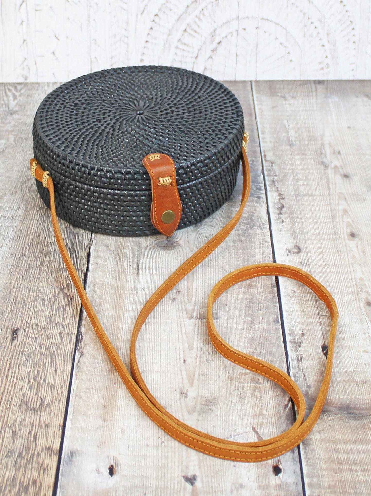 Round Black Rattan Bag with Batik Fabric Lining