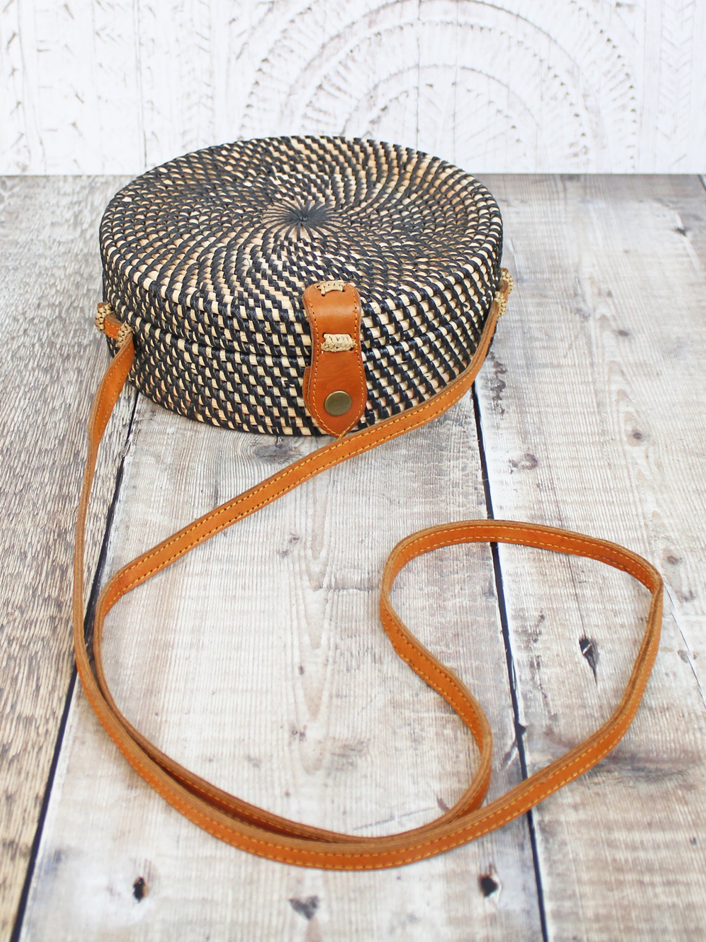 Round Two Tone Rattan Bag with Batik Fabric Lining